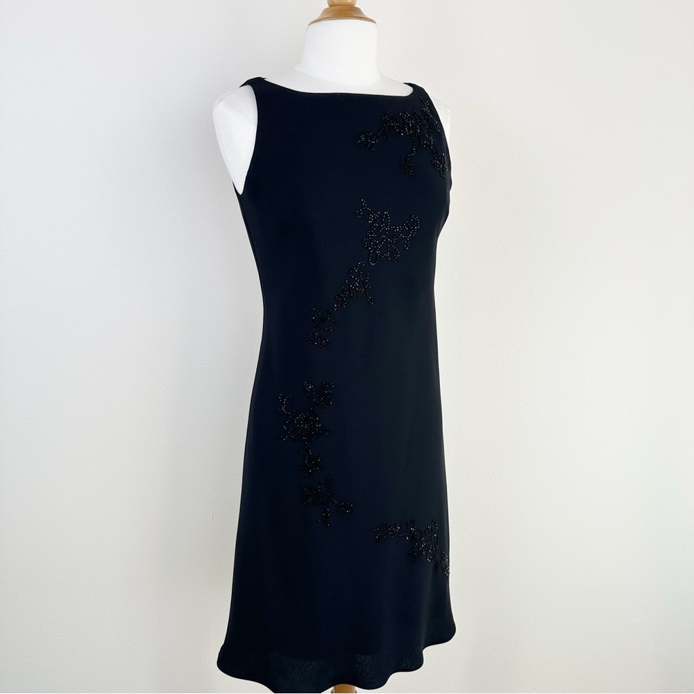 Jones New York Dress Black Beaded Chiffon Sleeveless Swing Midi Dress